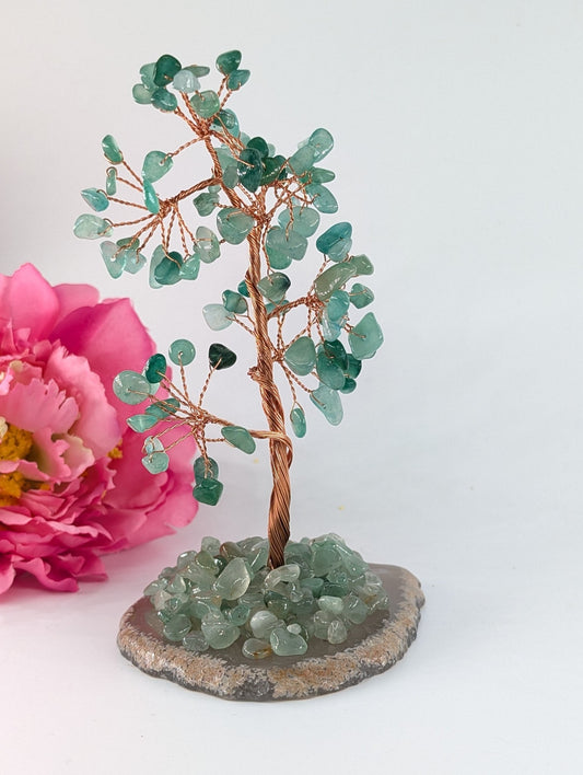 Polished Green Aventurine Crystaltree On Natural Agate 135Mm featuring green tone with subtle sparkle - Positive Faith Hope Love
