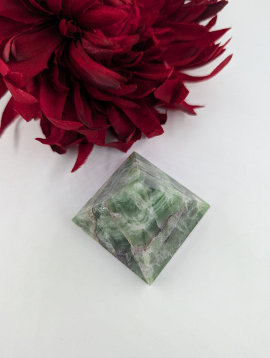 Polished Green Fluorite Pyramid 55Mm featuring banded green‑purple hues and glassy clarity - Positive Faith Hope Love