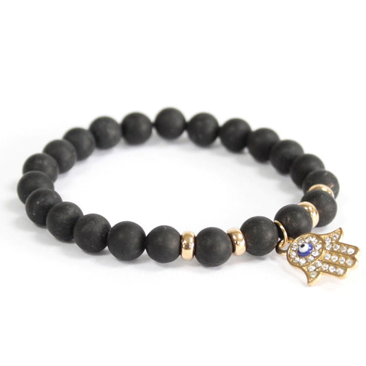 Polished Hamsa / Black Agate - Gemstone Bracelet featuring banded patterns and glossy finish - Positive Faith Hope Love