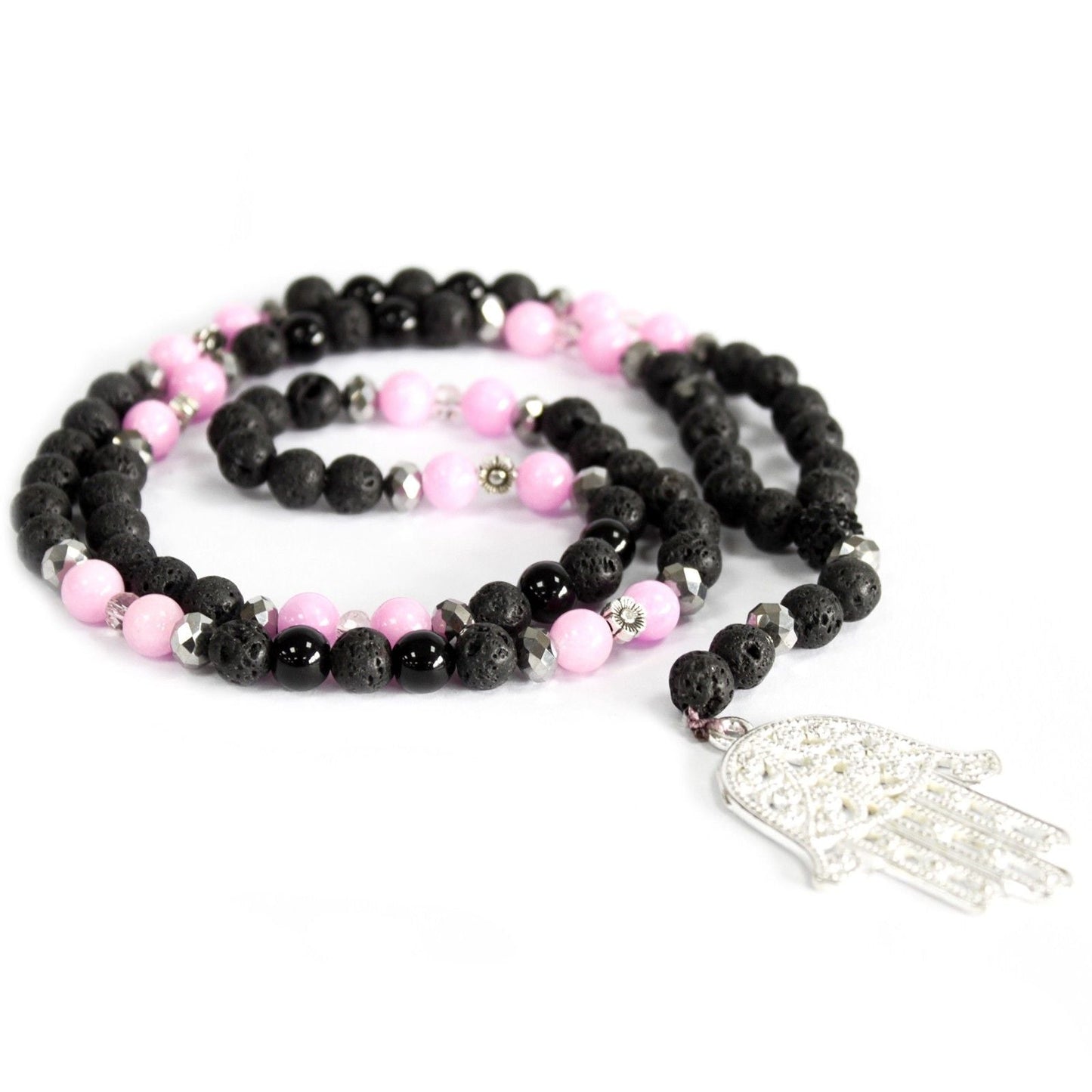 Polished Hamsa / Pink & Black - Gemstone Necklace featuring natural patterning and unique variations - Positive Faith Hope Love