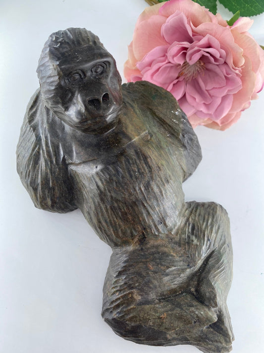 Hand Carved Verdite Gorilla Sculpture 1042 grams - Positive Faith Hope Love