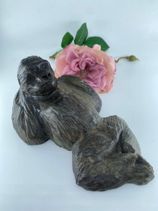 Hand Carved Verdite Gorilla Sculpture 1042 grams - Positive Faith Hope Love