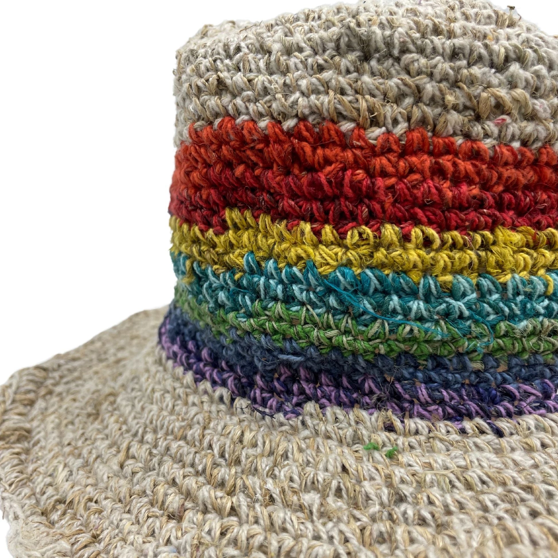 Polished Hand Knited Hemp Cotton Boho Festival Hat Rainbow featuring natural patterning and unique variations - Positive Faith Hope Love