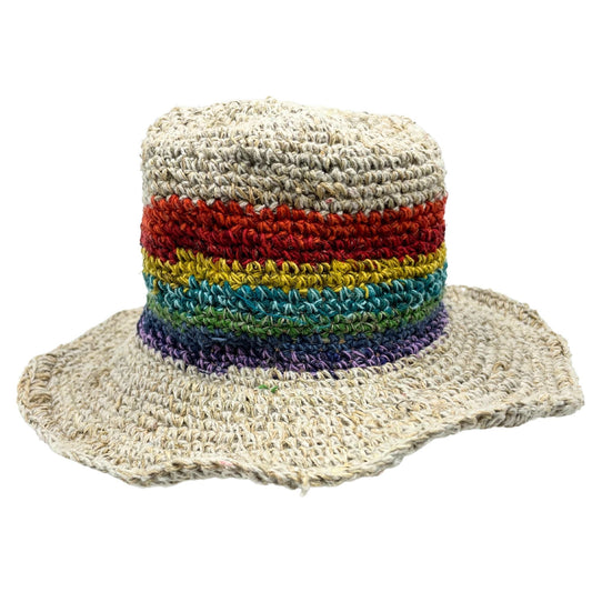 Polished Hand-Knited Hemp & Cotton Boho Festival Hat - Rainbow featuring natural patterning and unique variations - Positive Faith Hope Love