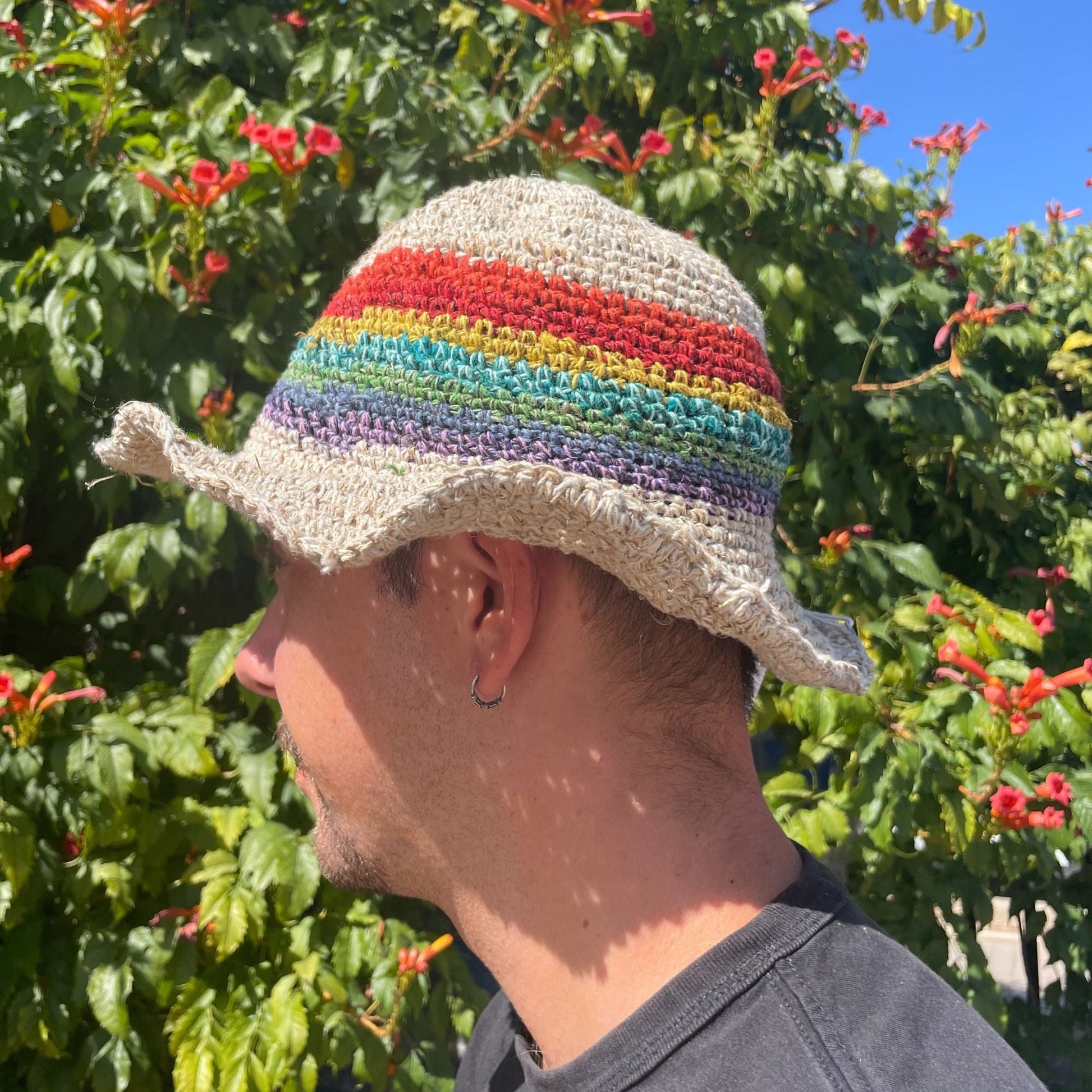 Polished Hand Knited Hemp Cotton Boho Festival Hat Rainbow featuring natural patterning and unique variations - Positive Faith Hope Love