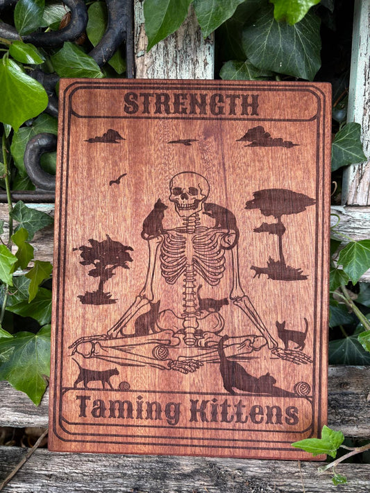 Polished Handcrafted Wooden Tarot Card Strength Taming Kittens featuring natural patterning and unique variations - Positive Faith Hope Love