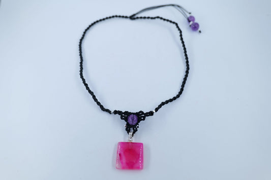 Handmade Micro Macrame Necklace With Dyed Onyx and Amethyst Beads - Positive Faith Hope Love