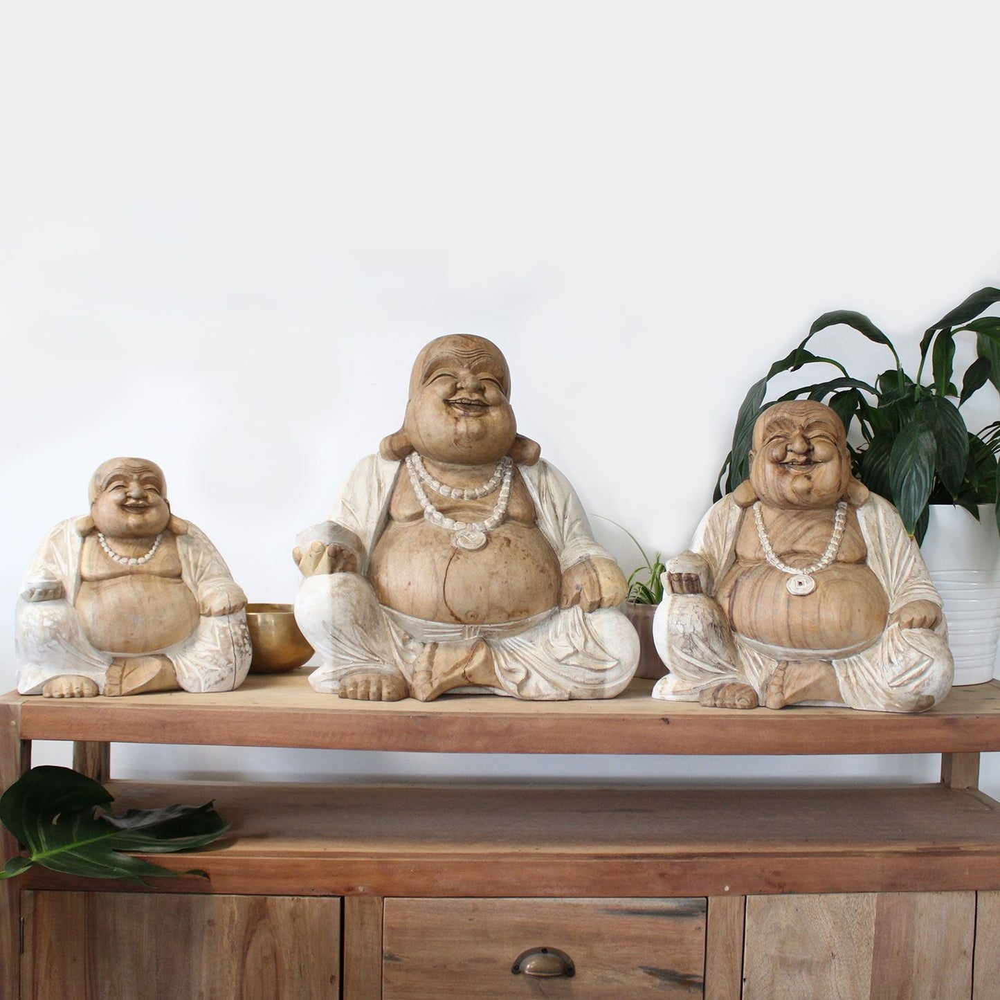 Polished Happy Buddha Whitewash 40Cm 2 featuring natural patterning and unique variations - Positive Faith Hope Love