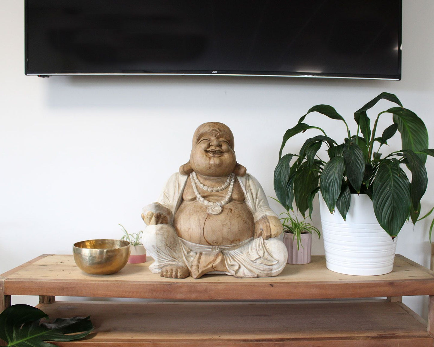 Polished Happy Buddha Whitewash 50Cm featuring natural patterning and unique variations - Positive Faith Hope Love