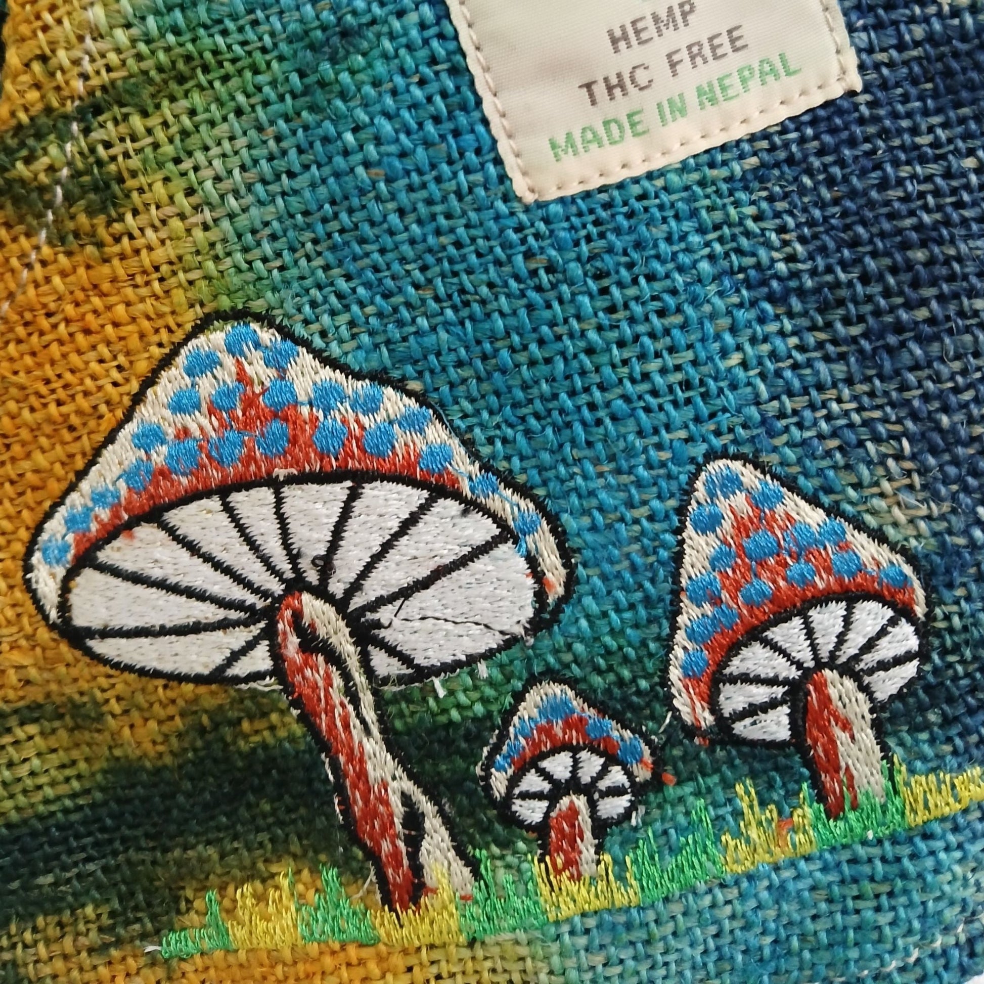 Polished Hemp Embroidery Mushroom Party Bag - Green Mushrooms featuring natural patterning and unique variations - Positive Faith Hope Love
