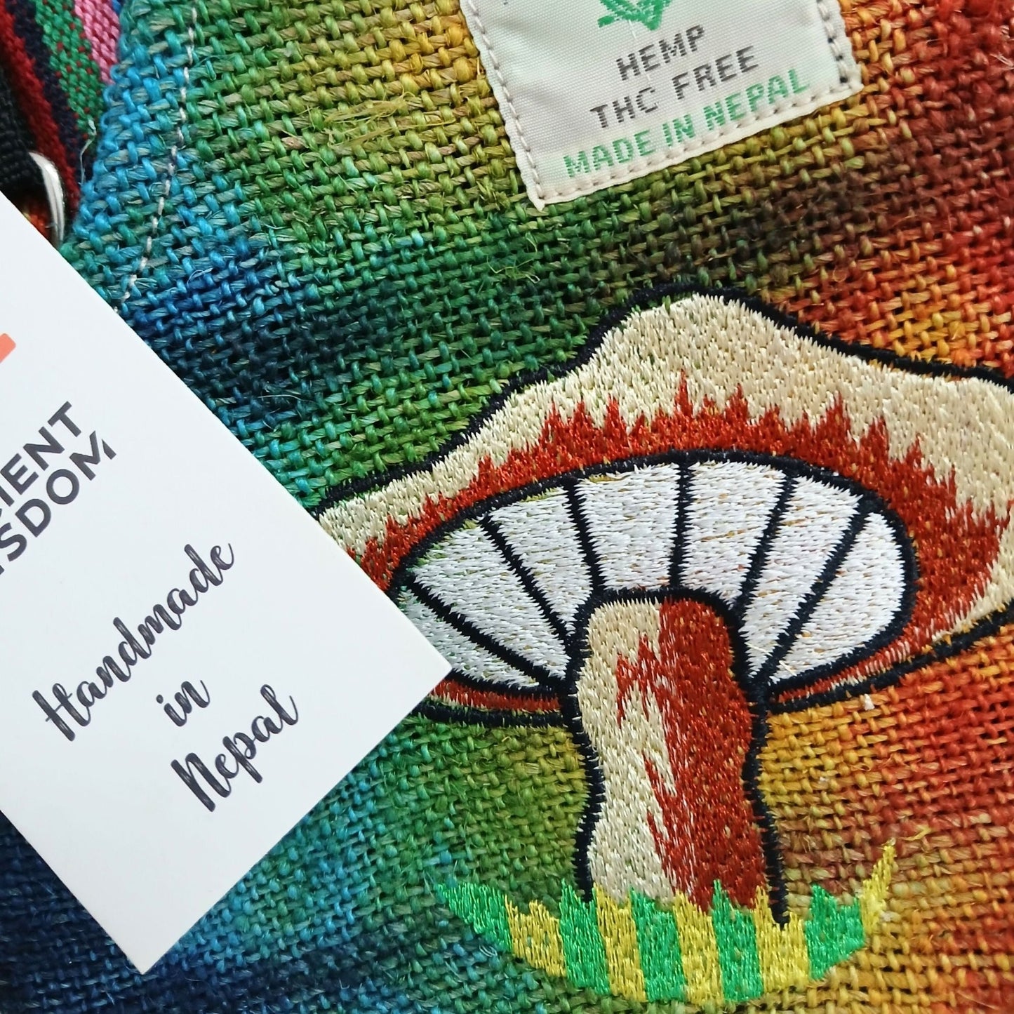 Polished Hemp Embroidery Mushroom Party Bag - Orange Mushrooms featuring natural patterning and unique variations - Positive Faith Hope Love