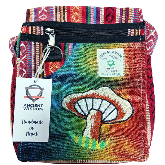 Polished Hemp Embroidery Mushroom Party Bag Orange Mushrooms featuring natural patterning and unique variations - Positive Faith Hope Love