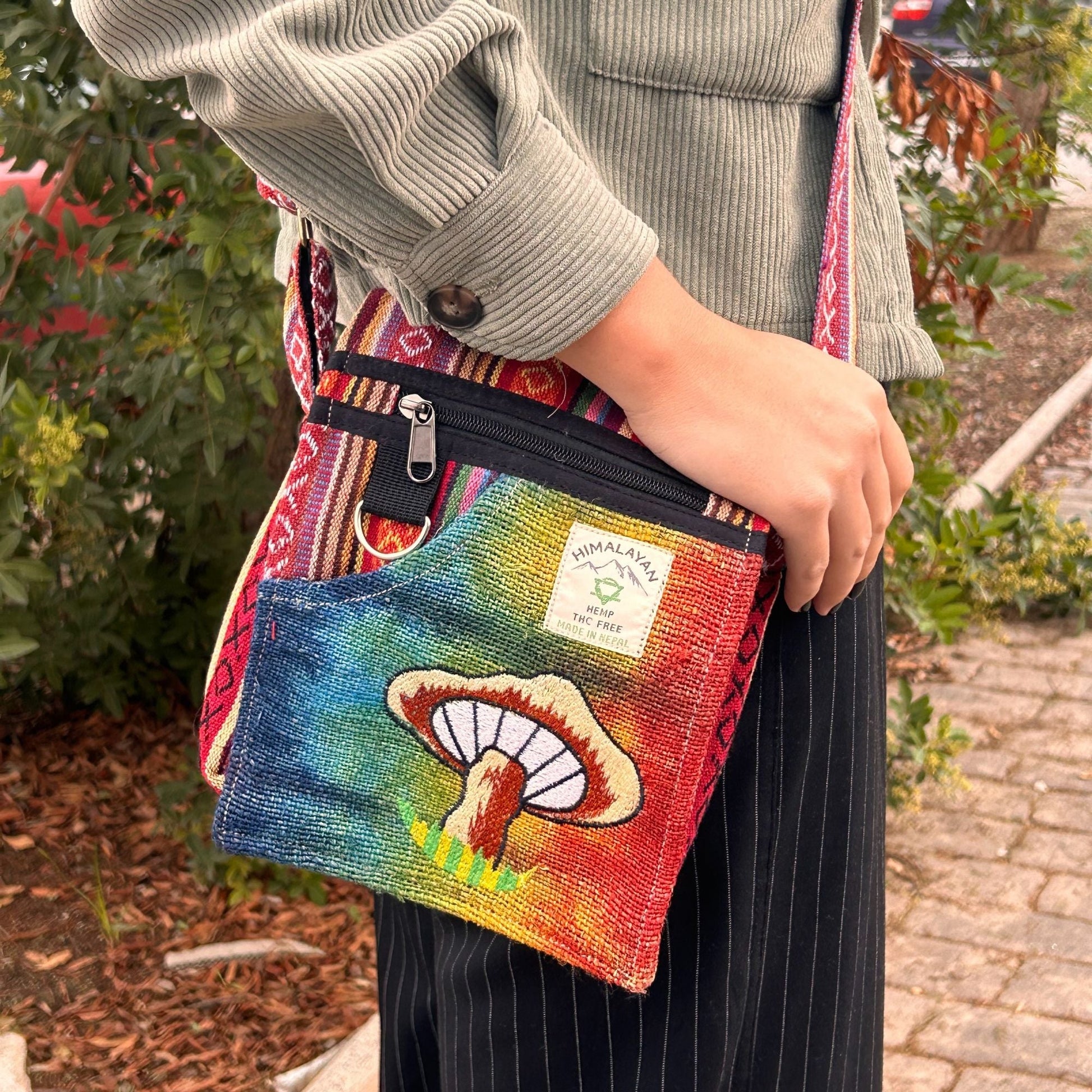 Polished Hemp Embroidery Mushroom Party Bag Orange Mushrooms featuring natural patterning and unique variations - Positive Faith Hope Love