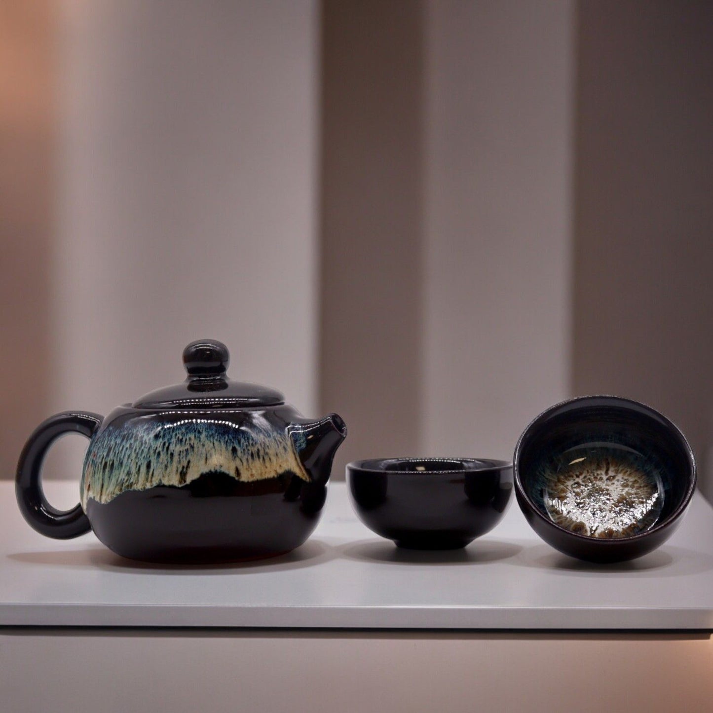 Polished Herbal Black Glaze Teapot Set - Pot & Two Cups featuring natural patterning and unique variations - Positive Faith Hope Love