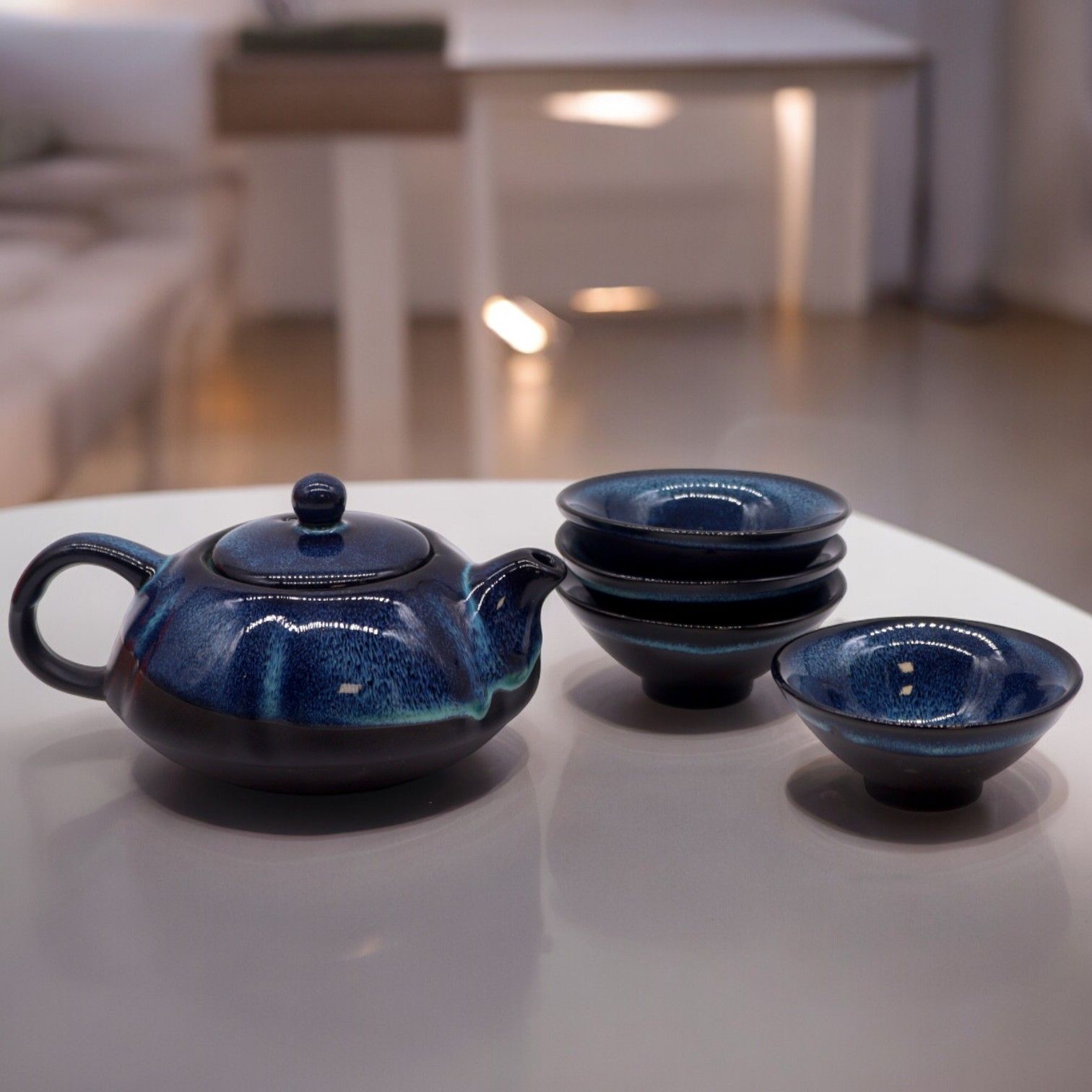 Polished Herbal Blues Teapot Set - Pot & Four Cups featuring natural patterning and unique variations - Positive Faith Hope Love