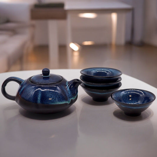 Polished Herbal Blues Teapot Set - Pot & Four Cups featuring natural patterning and unique variations - Positive Faith Hope Love