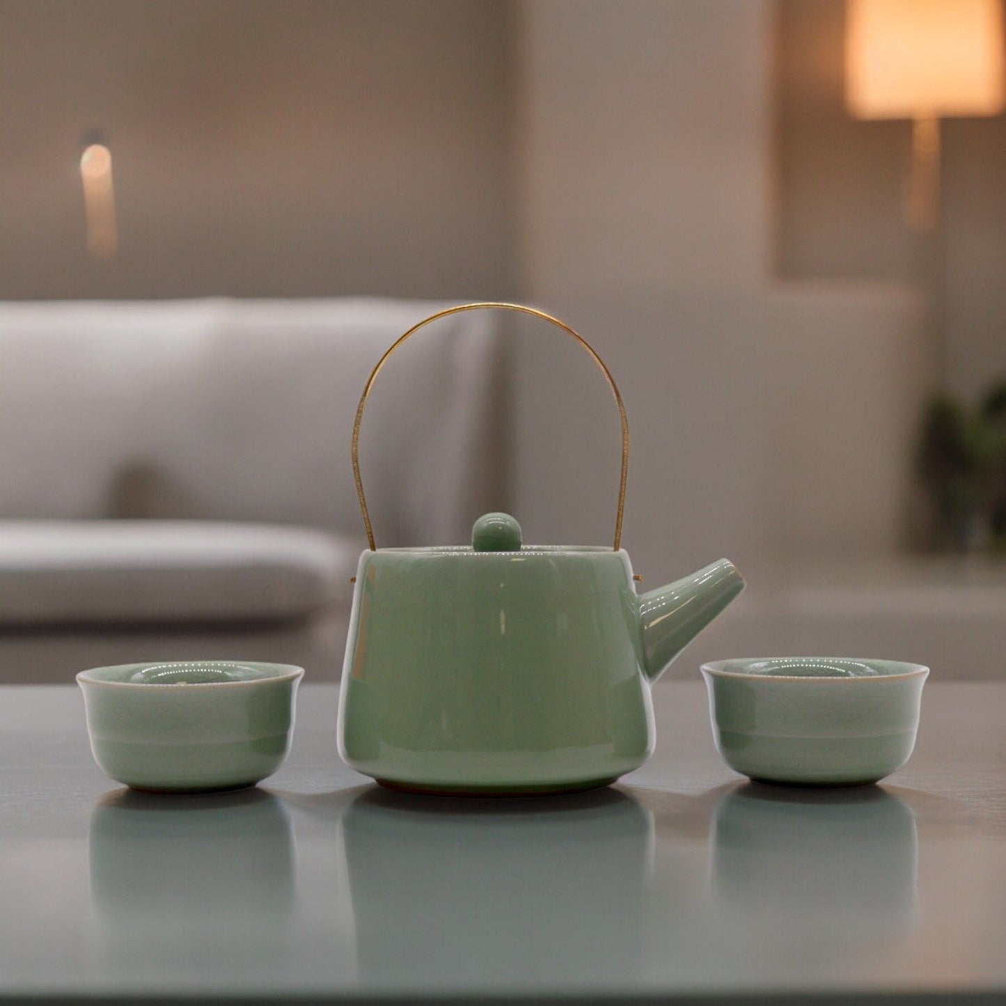 Polished Herbal Jade Teapot Set - Pot & Two Cups featuring serene green tone and smooth polish - Positive Faith Hope Love