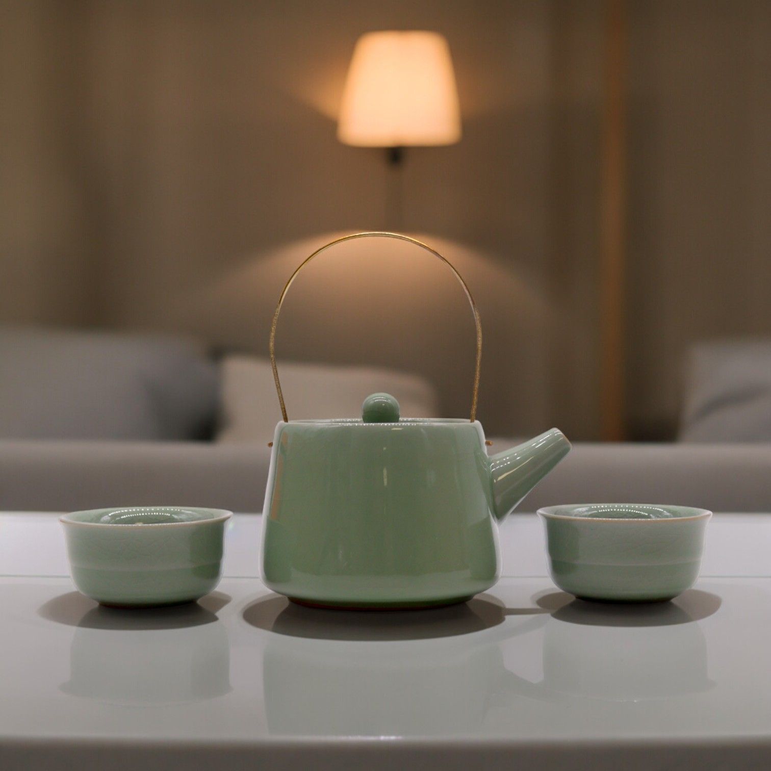 Polished Herbal Jade Teapot Set Pot Two Cups featuring serene green tone and smooth polish - Positive Faith Hope Love