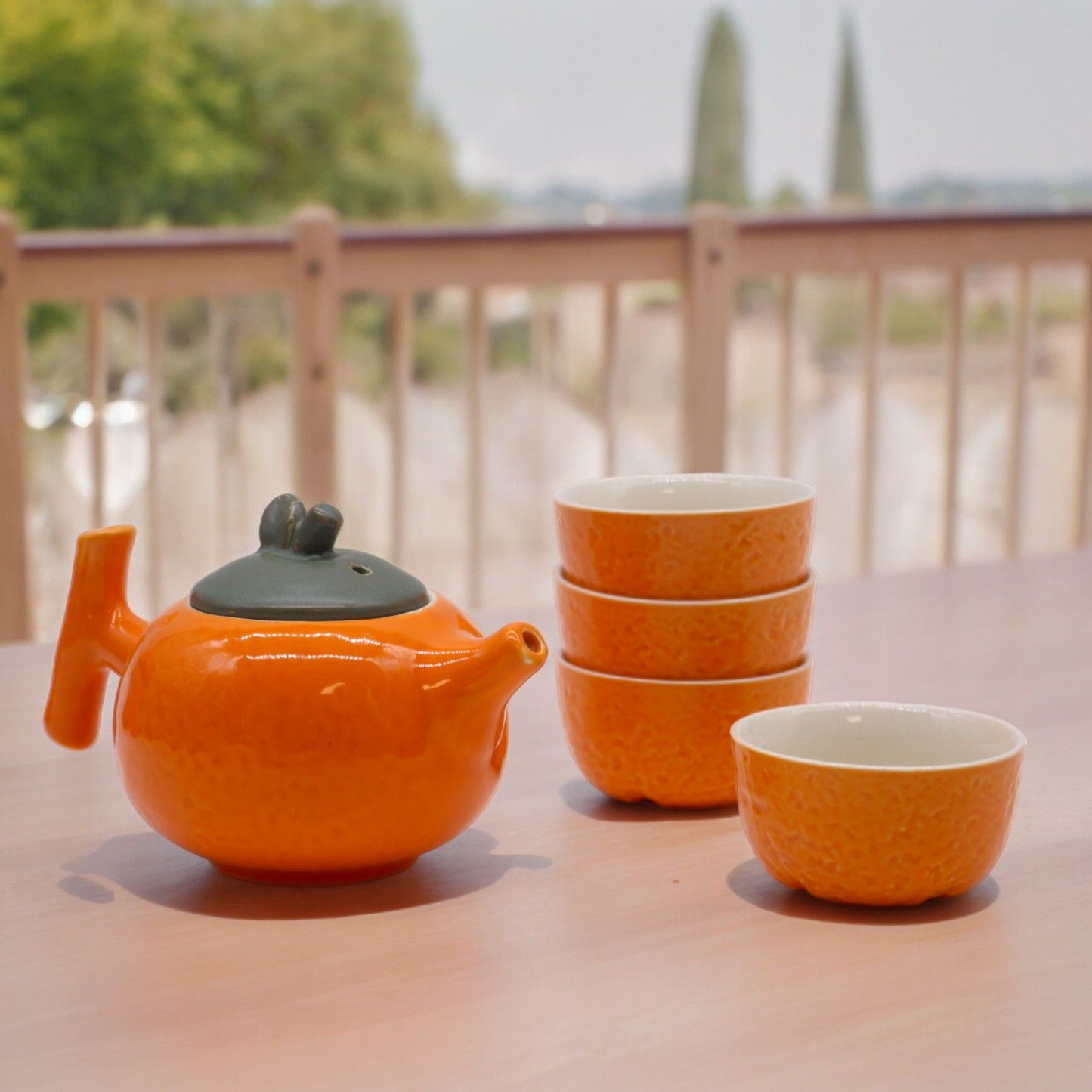 Polished Herbal Orange Teapot Set - Pot & Four Cups featuring natural patterning and unique variations - Positive Faith Hope Love