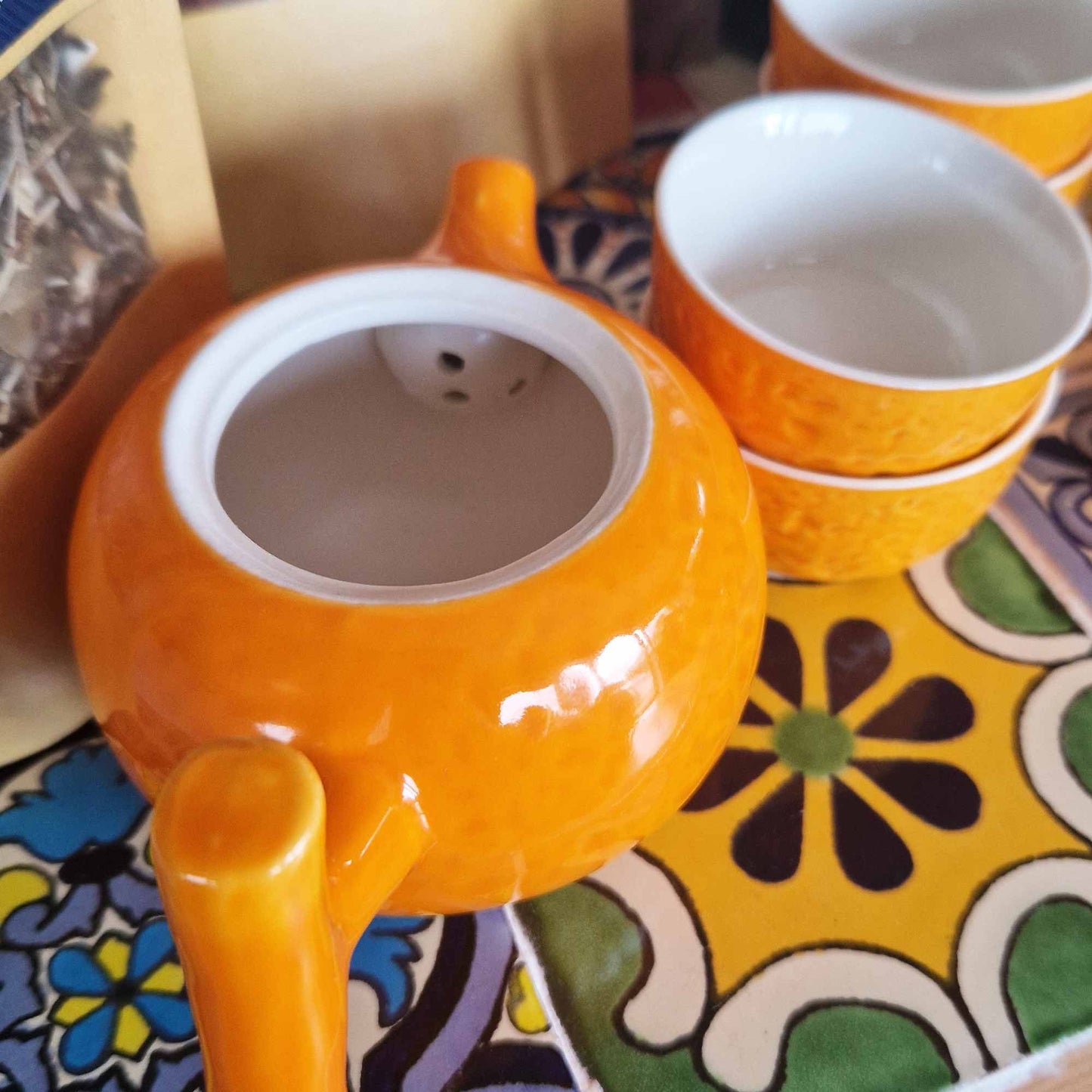 Polished Herbal Orange Teapot Set Pot Four Cups featuring natural patterning and unique variations - Positive Faith Hope Love
