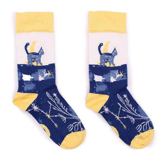 Polished Hop Hare Bamboo Socks M/L - Midnight Cat featuring natural patterning and unique variations - Positive Faith Hope Love