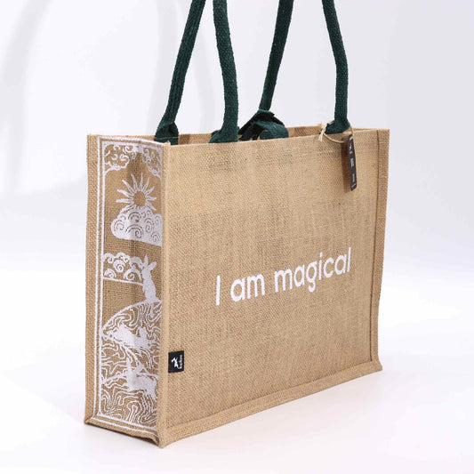 Polished Hop Hare Jute Big Bag - I am Magical featuring natural patterning and unique variations - Positive Faith Hope Love