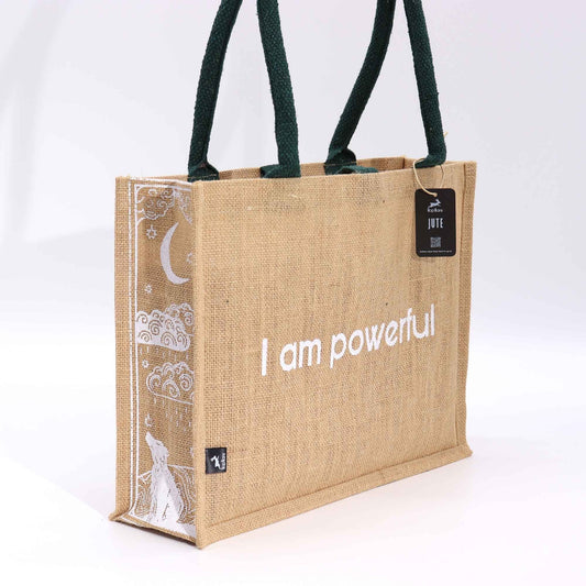 Polished Hop Hare Jute Big Bag - I am Powerful featuring natural patterning and unique variations - Positive Faith Hope Love