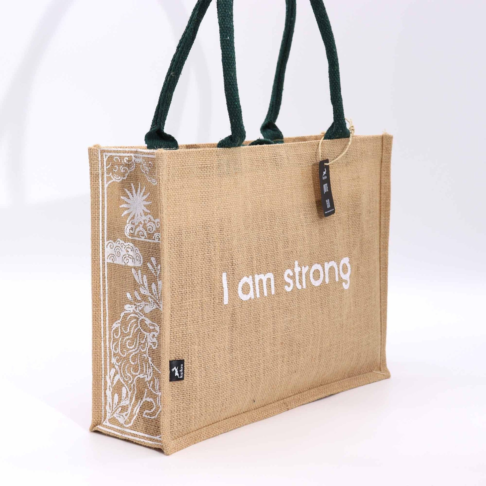 Polished Hop Hare Jute Big Bag - I am Strong featuring natural patterning and unique variations - Positive Faith Hope Love