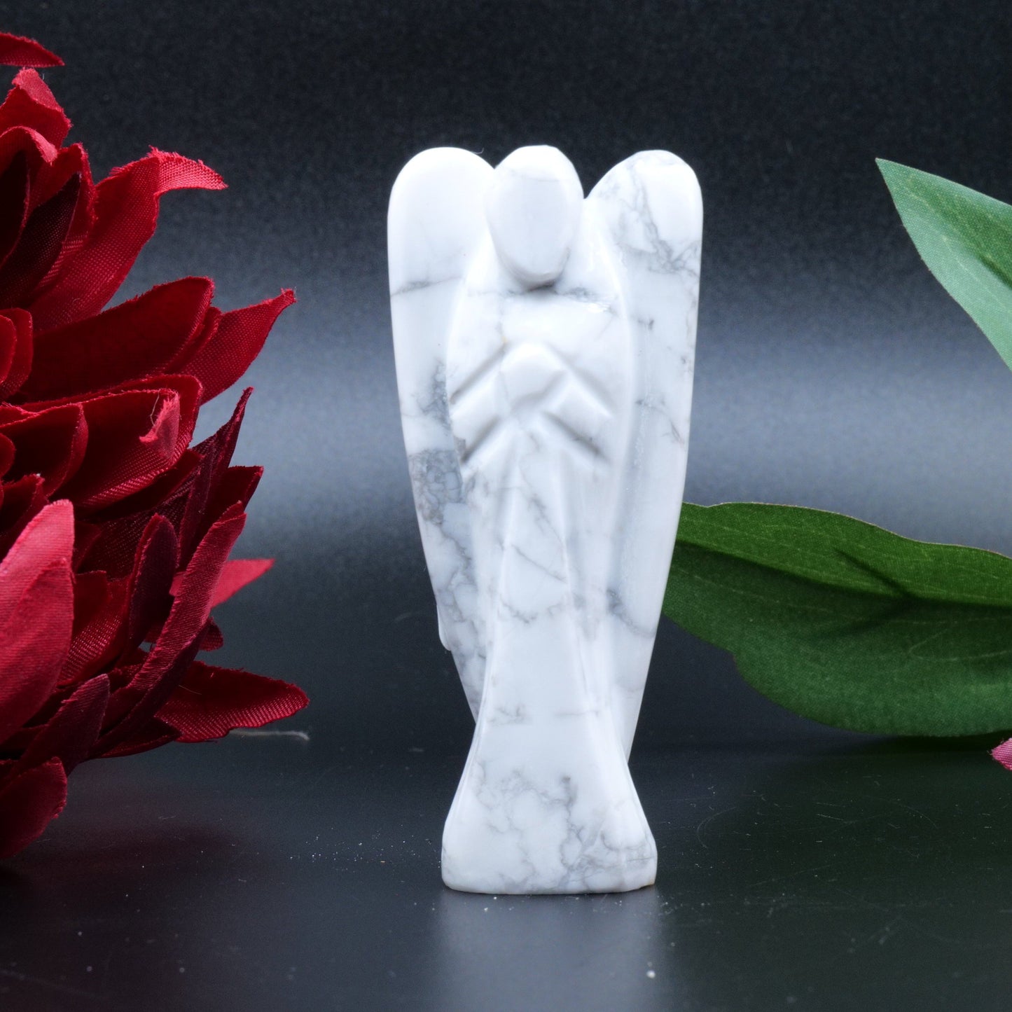 Polished Howlite Angel 80mm featuring white tone with grey veining - Positive Faith Hope Love