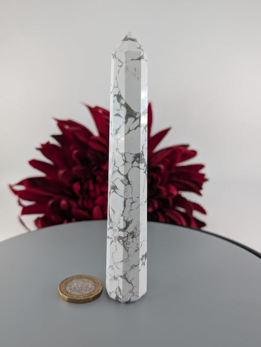 Polished Howlite Point 100Mm featuring white tone with grey veining - Positive Faith Hope Love