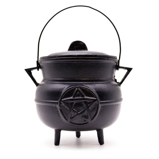 Polished Huge Cast Iron Cauldron with Pentagon 21x15cm featuring natural patterning and unique variations - Positive Faith Hope Love