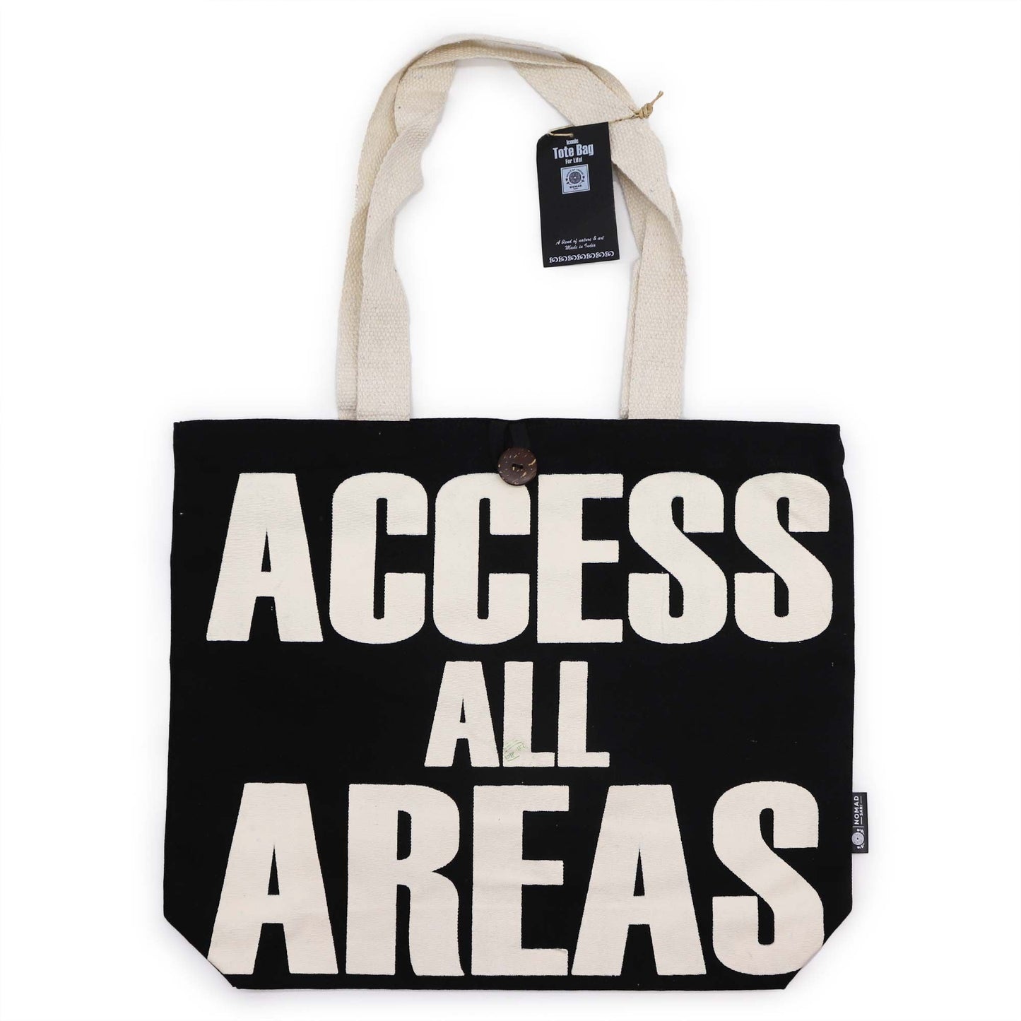 Polished Iconic Classic Tote Bag - ACCESS ALL AREAS - Black Natural 10oz featuring natural patterning and unique variations - Positive Faith Hope Love