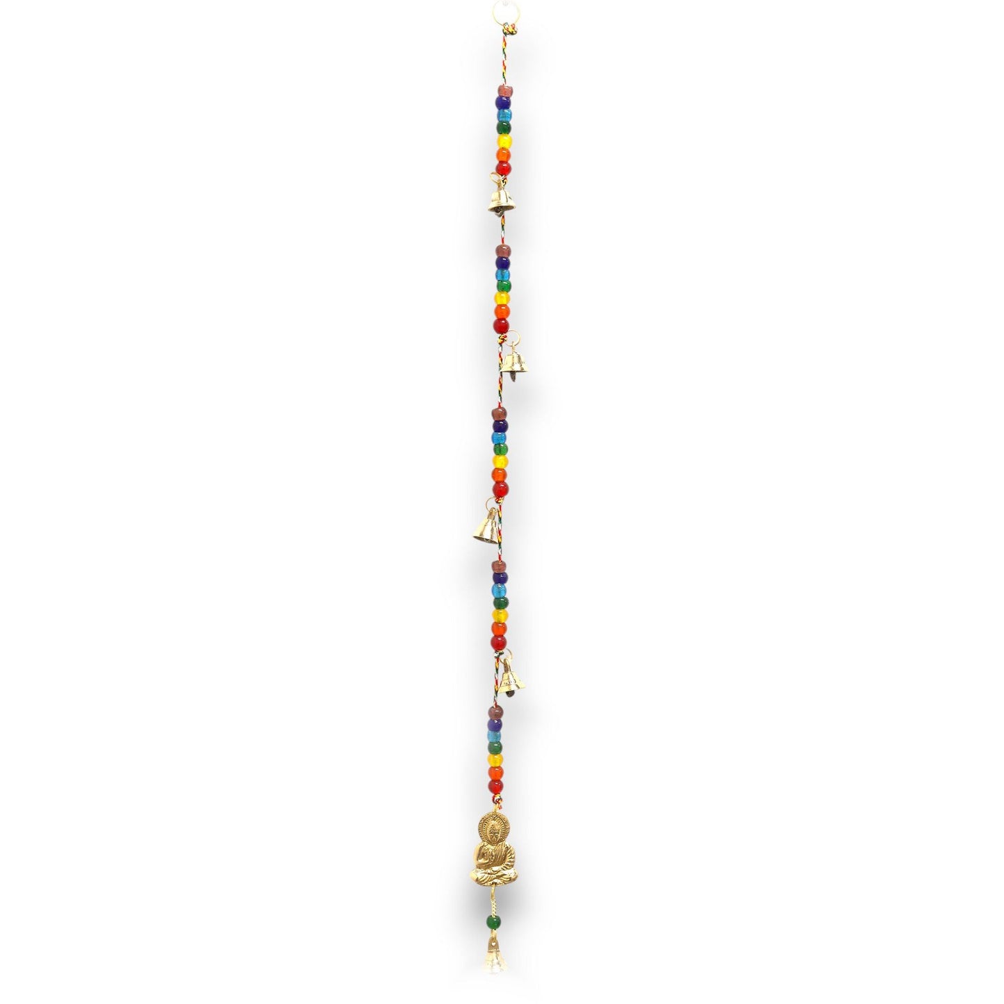 Polished Indian Chimes - Brass Buddha with Chakra Beads String Bells 53cm featuring natural patterning and unique variations - Positive Faith Hope Love