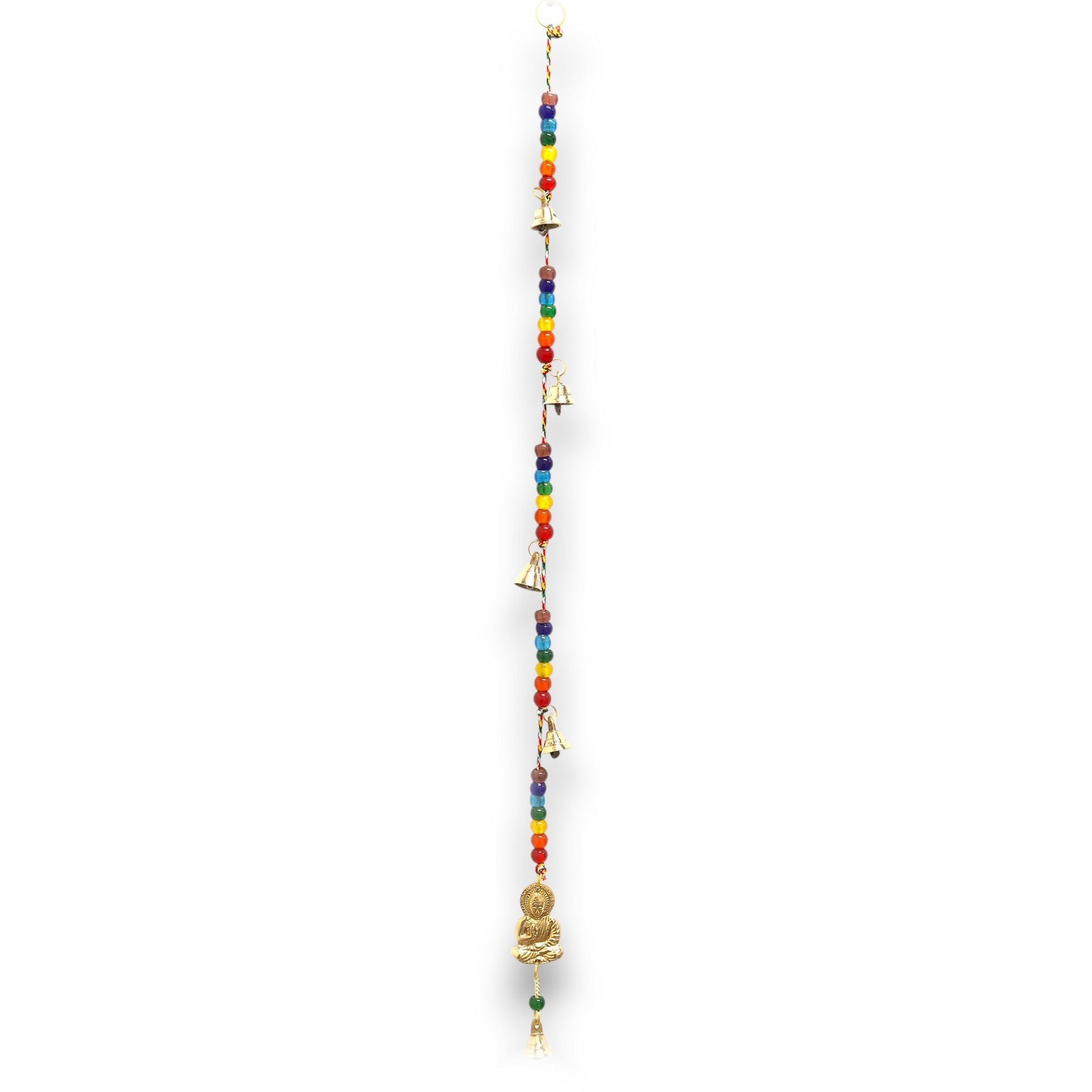Polished Indian Chimes - Brass Buddha with Chakra Beads String Bells 53cm featuring natural patterning and unique variations - Positive Faith Hope Love
