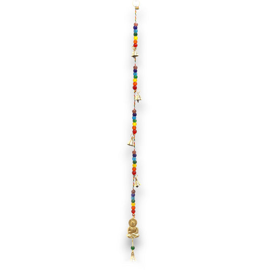 Polished Indian Chimes - Brass Buddha with Chakra Beads String Bells 53cm featuring natural patterning and unique variations - Positive Faith Hope Love