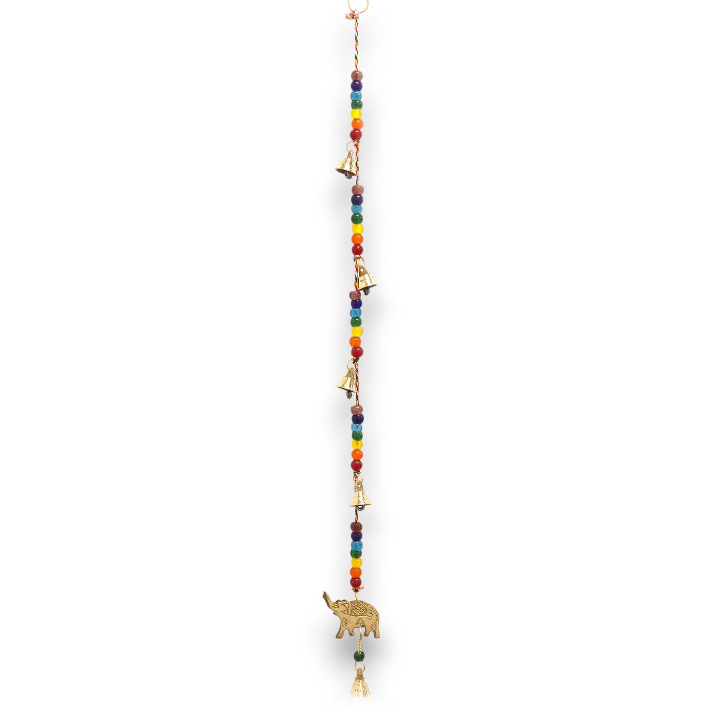 Polished Indian Chimes - Brass Elephant with Chakra Beads String Bells 53cm featuring natural patterning and unique variations - Positive Faith Hope Love