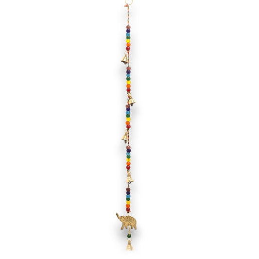 Polished Indian Chimes - Brass Elephant with Chakra Beads String Bells 53cm featuring natural patterning and unique variations - Positive Faith Hope Love