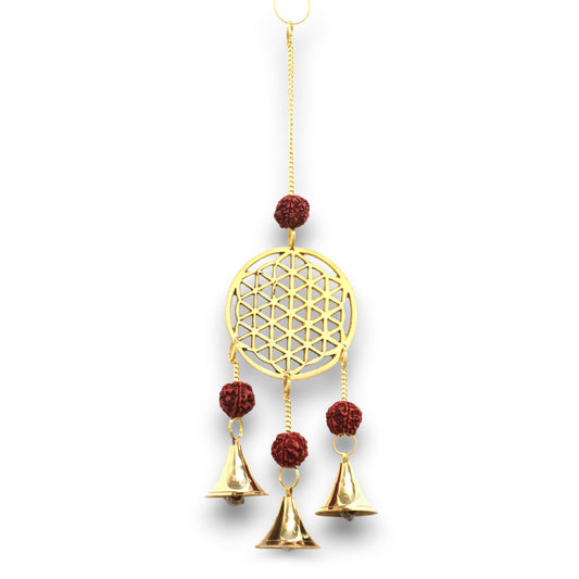 Polished Indian Chimes - Brass Flower of Life with Rudraksha Beads - 3 Bells featuring natural patterning and unique variations - Positive Faith Hope Love