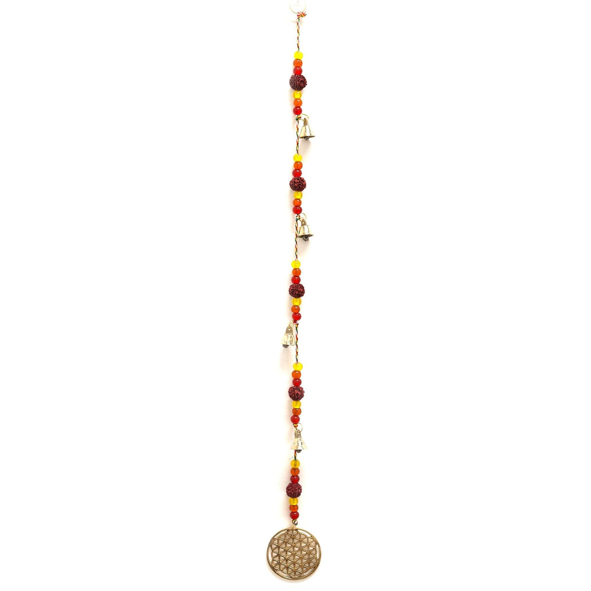 Polished Indian Chimes - Brass Flower of Life with Rudraksha Beads String Bells featuring natural patterning and unique variations - Positive Faith Hope Love