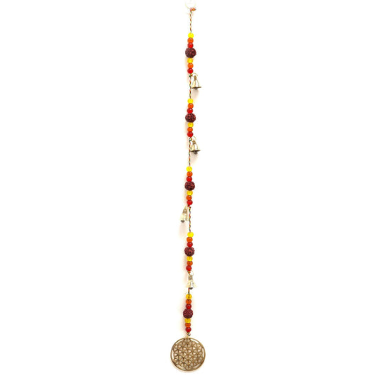Polished Indian Chimes - Brass Flower of Life with Rudraksha Beads String Bells featuring natural patterning and unique variations - Positive Faith Hope Love