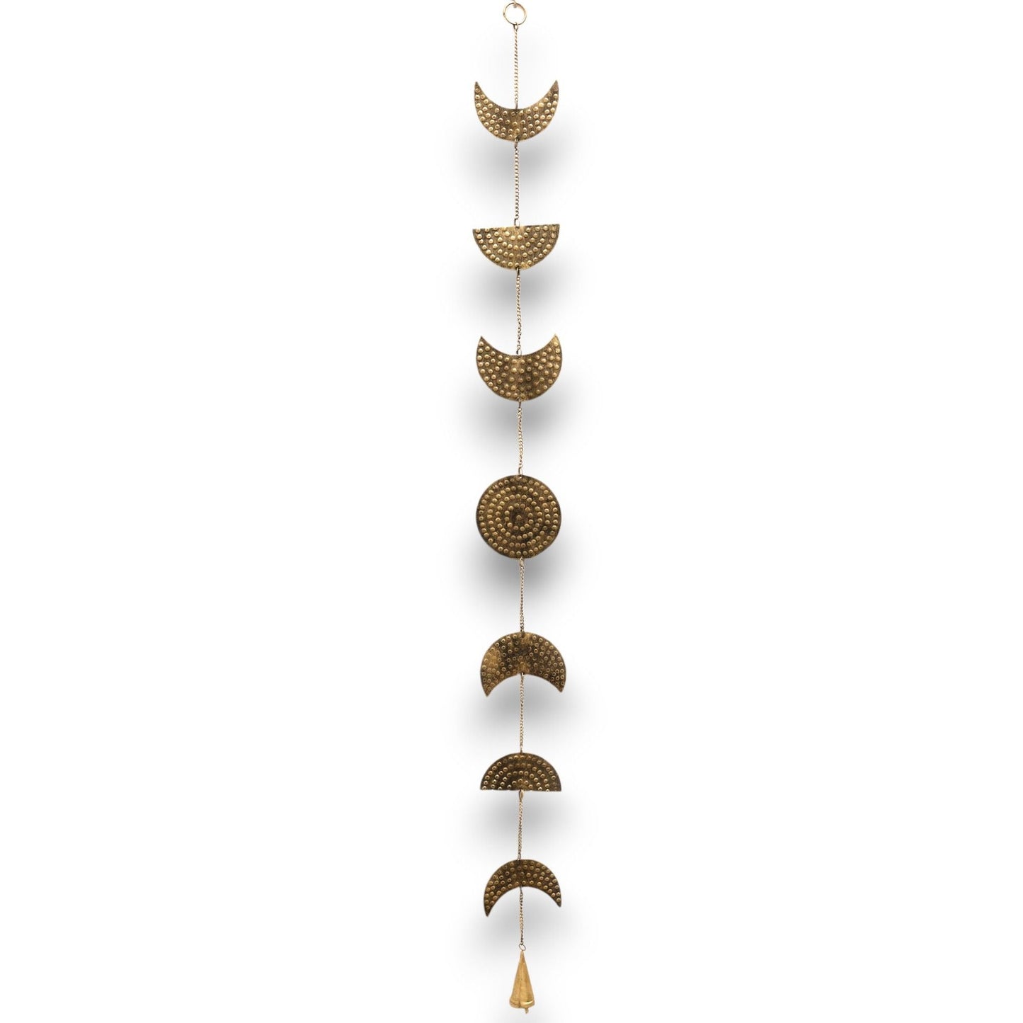 Polished Indian Chimes - Brass Moon Phases Drop with Bell 25cm featuring natural patterning and unique variations - Positive Faith Hope Love