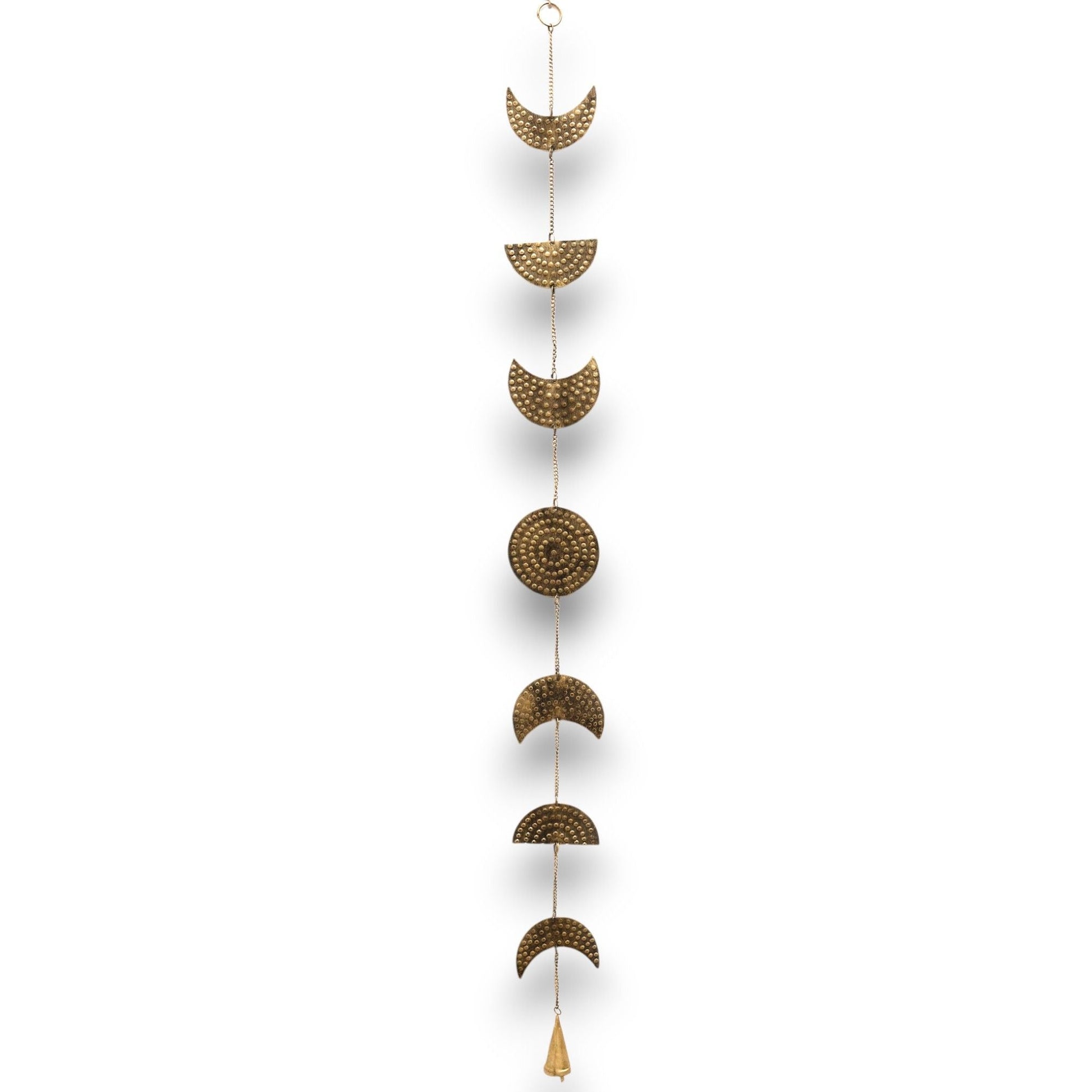 Polished Indian Chimes - Brass Moon Phases Drop with Bell 25cm featuring natural patterning and unique variations - Positive Faith Hope Love