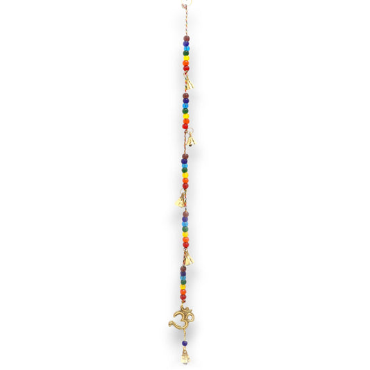 Polished Indian Chimes - Brass OM with Chakra Beads String Bells 53cm featuring natural patterning and unique variations - Positive Faith Hope Love