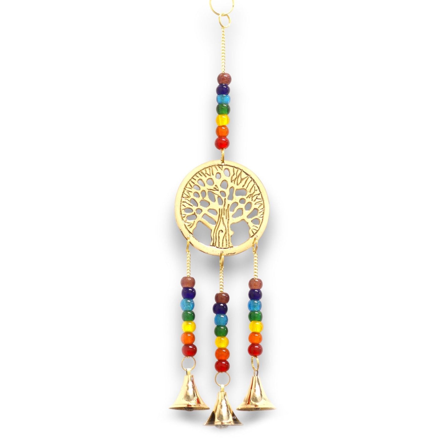 Polished Indian Chimes - Brass Tree of Life with Chakra Beads - 3 Bells featuring natural patterning and unique variations - Positive Faith Hope Love