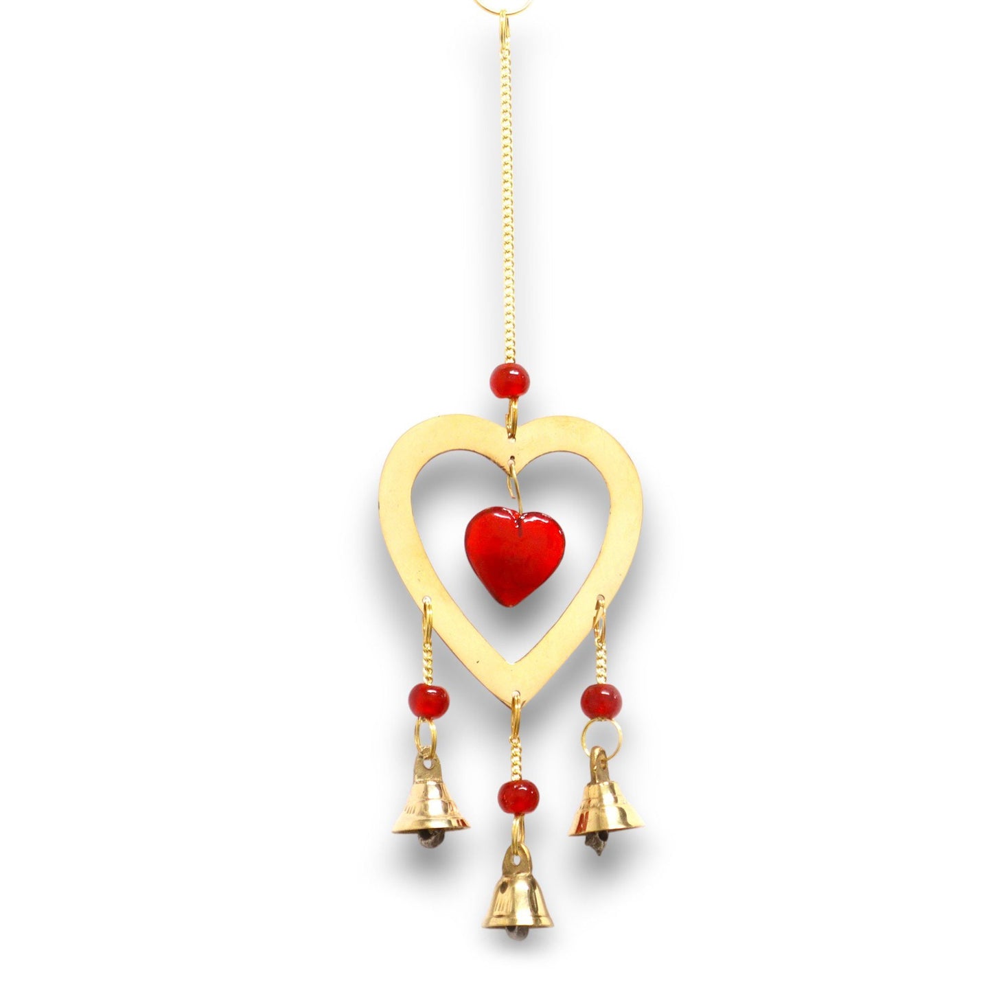Polished Indian Chimes - Brass With Ruby Glass Heart Beads - 3 Bells featuring natural patterning and unique variations - Positive Faith Hope Love