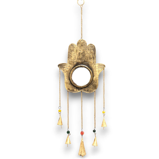Polished Indian Chimes - Hamsa Lrg Mirror 5 Bells featuring natural patterning and unique variations - Positive Faith Hope Love