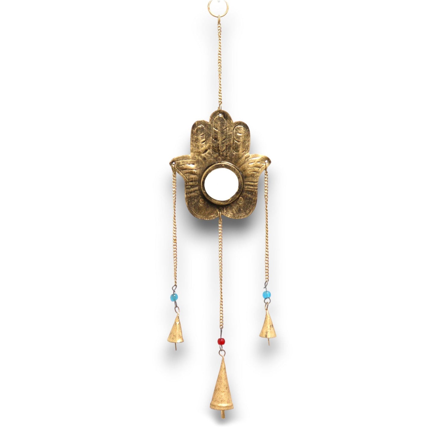 Polished Indian Chimes - Hamsa Sm Mirror 3 Bells featuring natural patterning and unique variations - Positive Faith Hope Love