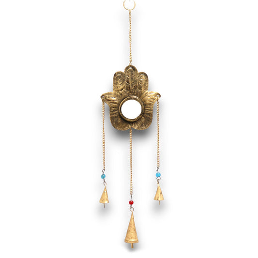 Polished Indian Chimes - Hamsa Sm Mirror 3 Bells featuring natural patterning and unique variations - Positive Faith Hope Love