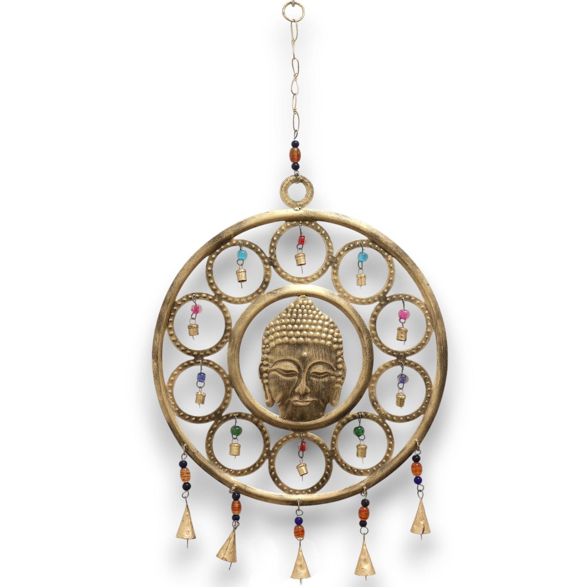 Polished Indian Chimes Lrg Buddha Face 15 Bell Chimes featuring natural patterning and unique variations - Positive Faith Hope Love