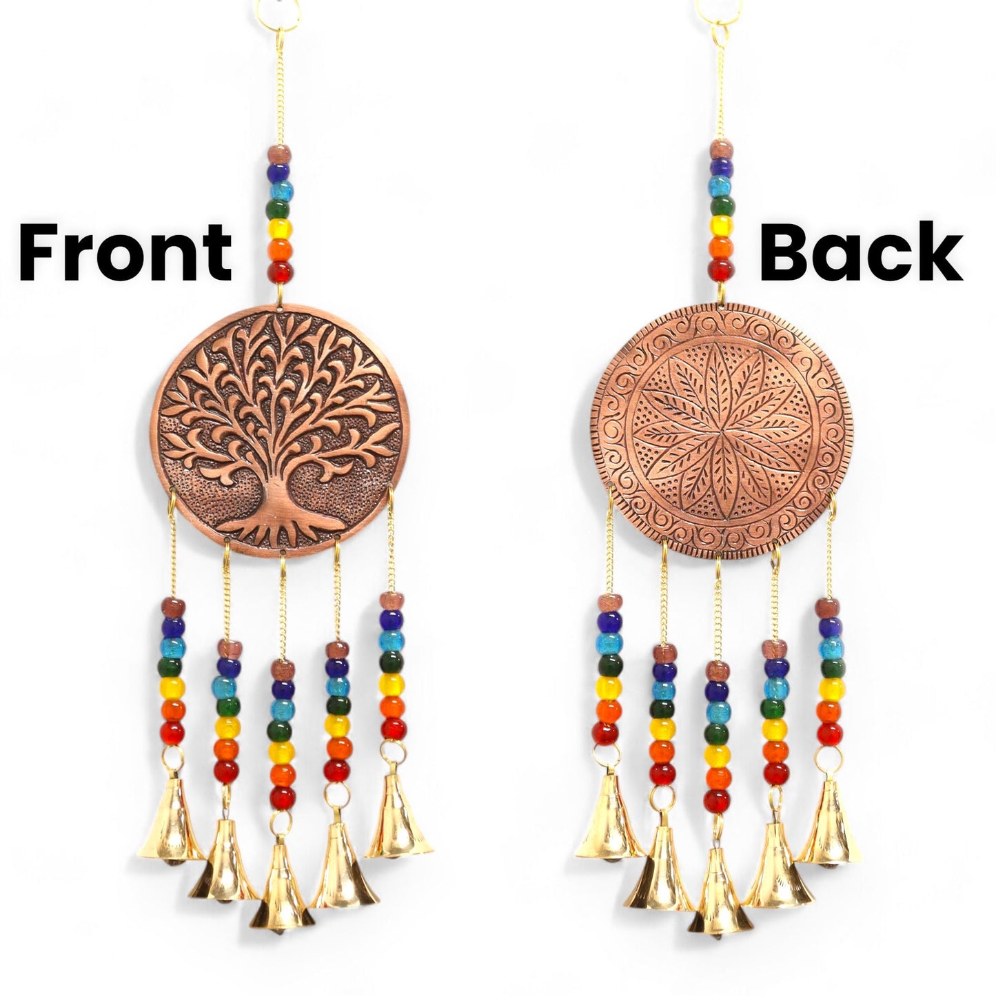 Polished Indian Chimes Med Tree Of Life Chakra Beads 5 Bells featuring natural patterning and unique variations - Positive Faith Hope Love